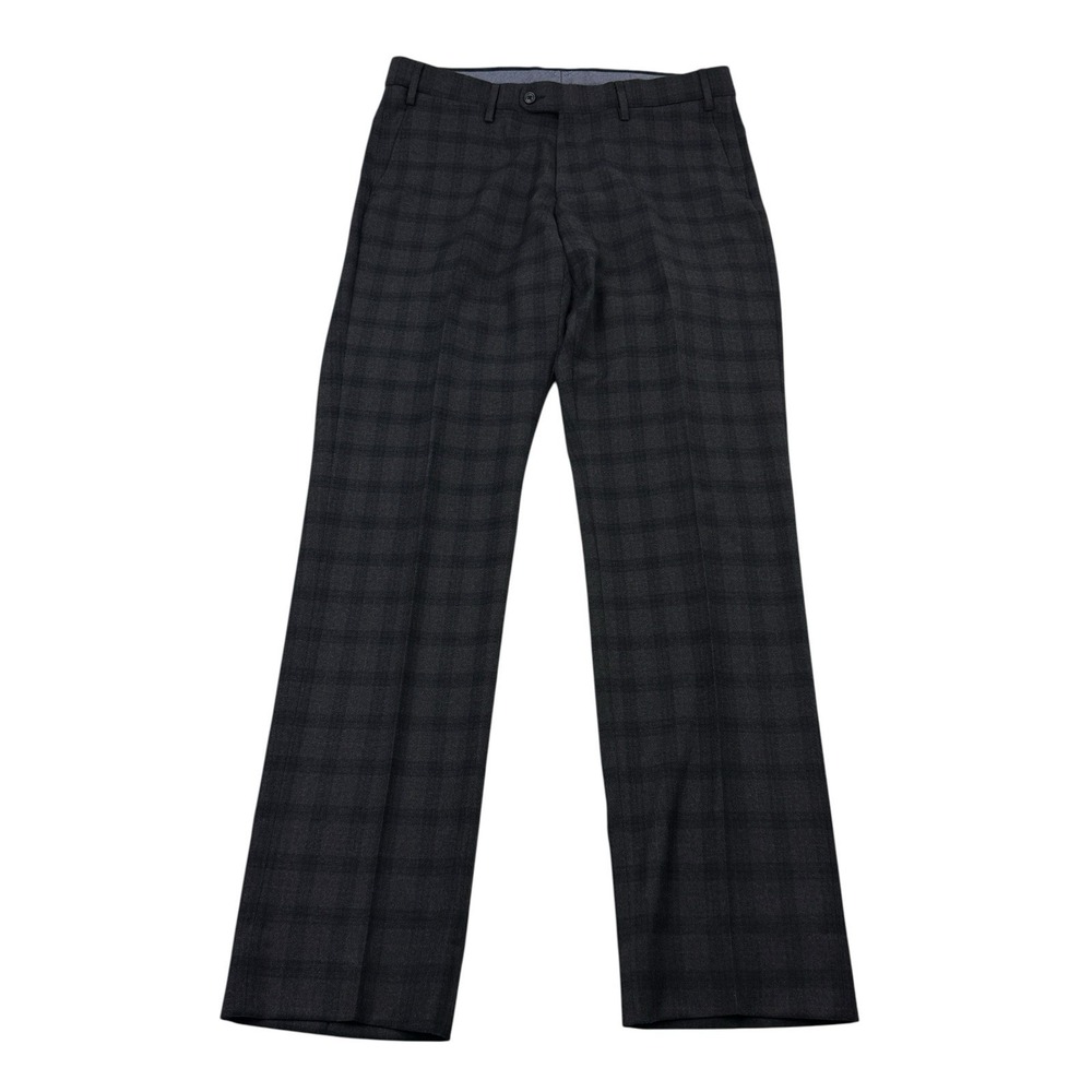 6 East‎ Charcoal Orange Check Wool Dress Pants Flat Front Reda Super 110's 34x34